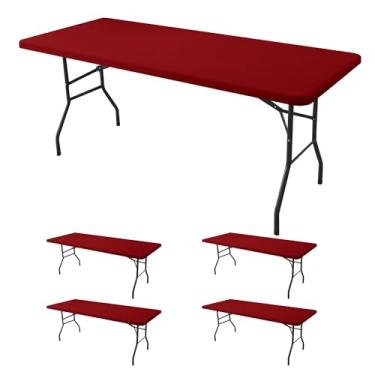 Imagem de Enjoyidea Toalha de mesa ajustada para mesas retangulares de 2,3 m - pacote com 4 toalhas de mesa vermelhas elásticas para piquenique ao ar livre - toalhas de mesa dobráveis elásticas de elastano 2,4