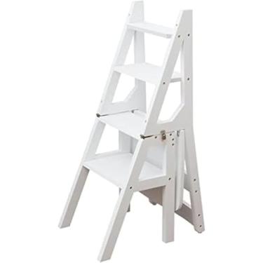 Imagem de Cadeira De Escada De 4 Degraus Undr Banquinho De Madeira, Dobrável Dobrável Estante De Biblioteca Prateleira De Escada Multifuncional Cadeira De Escada Para Cozinha Interna E Es, White