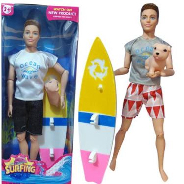 Imagem de Kit Brinquedo Infantil Boneco Tipo Ken Com Prancha De Surf e Cachorrin