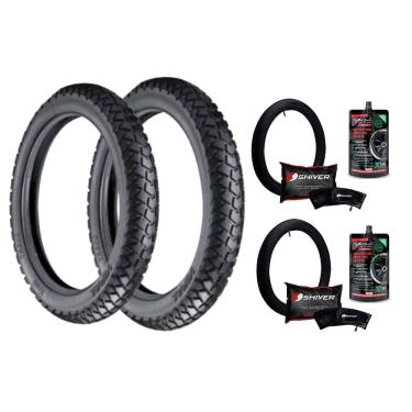 Imagem de Kit Par Pneu 130/80-18 66S + 90/90-21 54S Vipal Tr300 Tt + Camaras Shiver 18 E 21 + Selante