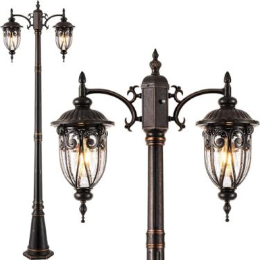 Imagem de VIANIS Poste de lâmpada externa de 2 cabeças, lâmpadas de poste do crepúsculo ao amanhecer, postes de lâmpada de vidro à prova d'água, iluminação externa, postes de luz de bronze antiferrugem para