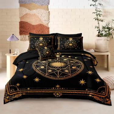 Imagem de Herside Jogo de edredom com lua cheia em uma bolsa, preto, dourado, psicodélico, celestial, tamanho king, estrelas, interplanetário, galáxia, para meninas e mulheres, roupa de cama mística gótica para