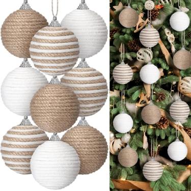 Imagem de Syhood 9 peças de enfeites de bola de Natal de 6 cm Boho Farmhouse juta corda de pendurar bolas de serapilheira neutra ornamentos rústicos para árvore de Natal, guirlanda de Natal, guirlanda de