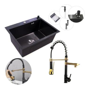 Imagem de Kit Cuba Pia Aço Inox Quadrada Gourmet E Torneira Flexível