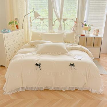Imagem de MOOWOO Jogo de cama de renda com babados e gravata borboleta fofa - 3 peças (1 capa de edredom completa 203 x 232 cm, 2 fronhas) Roupa de cama estética para casamento francês romântico