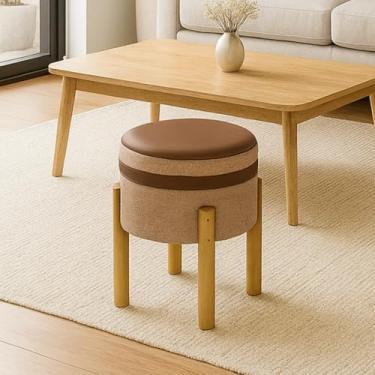Imagem de Puff Banqueta Redondo Banco Pufe Assento Macio em Courino Tecido Linho Decorativo para Sala Escritório Apartamento Soft Évora Pés em Madeira - Bege