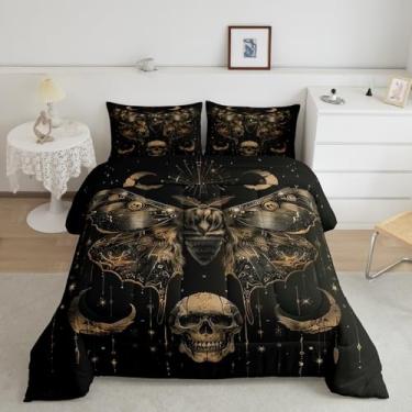 Imagem de jejeloiu Conjunto de cama queen com estampa de mariposa da morte, crânio de açúcar, para crianças, meninos, meninas, lua e estrela, conjunto de edredom preto e dourado, 3 peças