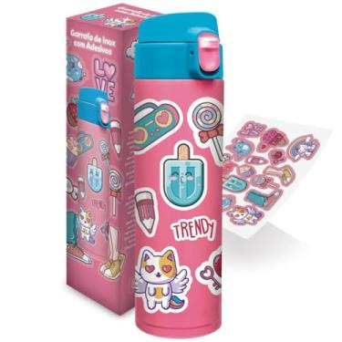 Imagem de Garrafa Térmica Infantil de Inox 420ml Adesivos Fofos Divertidos Tampa com Trava Portátil Reutilizável Ideal para Escola Lazer Passeio Presente Crianças Menina