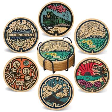 Imagem de Cegkuc Porta-copos para bebidas com suporte conjunto de 6, porta-copos de cortiça absorvente de bueiro japonês para copos, mesa de escritório, decoração de cozinha, presentes de aquecimento de casa