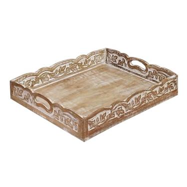 Imagem de Bandeja de servir de madeira maciça esculpida à mão – Bandeja decorativa para café da manhã com alças – Bandeja de comida rústica com detalhes complexos – Detalhe exclusivo de mobiliário – Lavagem