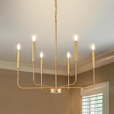 Imagem de ONESMING Lustre dourado moderno para sala de jantar, luminária de cozinha de metal com 6 luzes, luminária pendente pendurada em vela de fazenda para sala de estar, entrada e quarto (lâmpada não
