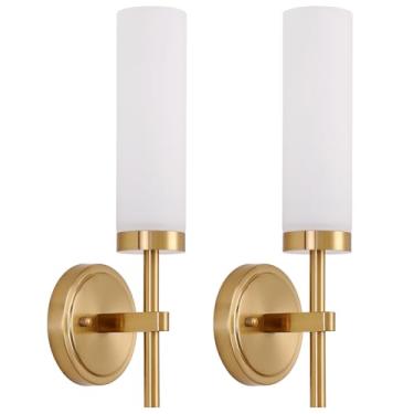 Imagem de Conjunto de 2 arandelas de parede douradas, arandelas modernas, luminárias de parede com persiana de vidro branco opala, luzes de parede de latão escovado para espelho, sala de estar, quarto, corredor