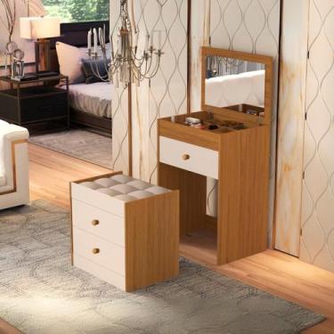 Imagem de Penteadeira 3 Gavetas Compacta 100% MDF Com Espelho Banqueta - Casa Ro