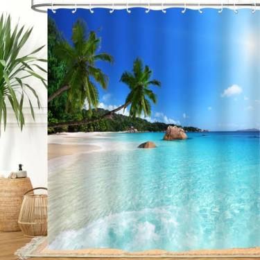 Imagem de ZXMBF Cortina de chuveiro oceano praia céu azul mar palmeiras tropicais paisagem litorânea cortina de banho tecido impermeável decoração de banheiro 72x213 cm ganchos de plástico 12 peças verde oceano
