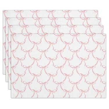 Imagem de Conjunto de 4 jogos americanos com laço rosa, 30 x 45 cm, impermeável, lavável e resistente ao calor, jogo americano de mesa para jantar, restaurante, decoração de casa de fazenda, decoração de mesa