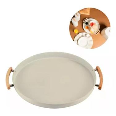 Imagem de Bandeja Servir Decorativa Redonda Metal Bambu Sense - Bege