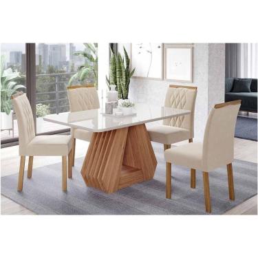 Imagem de Conjunto: Mesa de Cozinha Ágata Tampo Madeirado c/ Vidro 130x80cm e 4 Cadeiras Juliana Cinamomo/Off White - Carvalho/Suede Nude Bege - Cimol