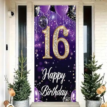 Imagem de Saoplasa 16th Birthday Door Cover Decoration 71 x 35 Inch Purple and Gold Glitter Balloon Banner for Sweet Sixteen Birthday Party Supplies Happy 16 Years Old Backdrop Wall Decor for Girls Celebration