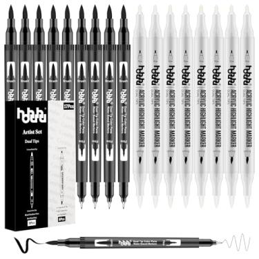 Imagem de hhhouu Pacote com 17 canetas pincel de ponta dupla, preto e branco, conjunto de realce e destaque para artistas, ilustradores e desenho em quadrinhos, fluxo de tinta suave, sem manchas HO-17BW