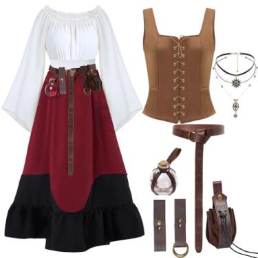 Imagem de JaGely 8 peças de fantasia renascentista feminina de Halloween vestido medieval com espartilho poção garrafa cinto bolsa moeda colar, Vermelho, XX-Large
