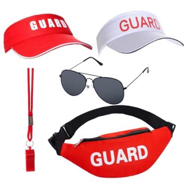 Imagem de Rbenxia Conjunto de 5 peças de fantasia de guarda, pochetes, chapéu de guarda vermelho e branco, óculos de sol apito vermelho para mulheres e homens, festa de Halloween pobre e vestido de praia