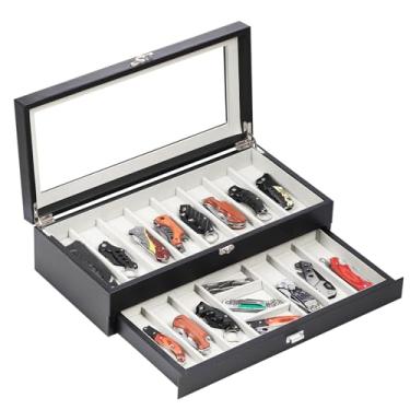 Imagem de AUTOARK Organizador de facas de couro PU e veludo de 2 camadas com 17 compartimentos, parte superior e gaveta de vidro transparente, armazenamento compacto para canivetes, perfeito para coleções e