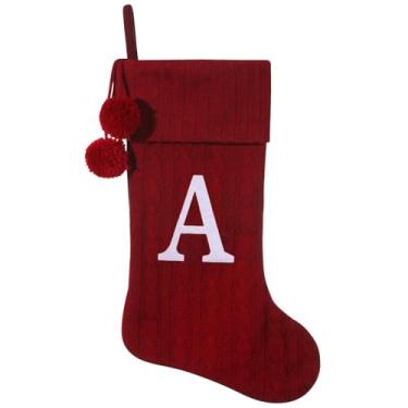 Imagem de Pxniy Meia de Natal personalizada de 48 cm - tricô bordô com monograma bordado e pompons, cabide de lareira familiar para decoração de férias, borgonha letra A