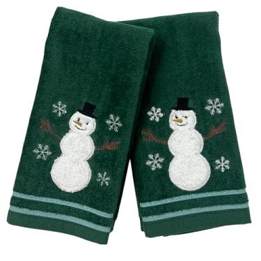 Imagem de Toalhas de dedo de Natal para banheiro – Conjunto de 2 design de boneco de neve e floco de neve bordado, verde escuro, 100% algodão – 45,7 x 30,5 cm, decoração de banheiro e cozinha