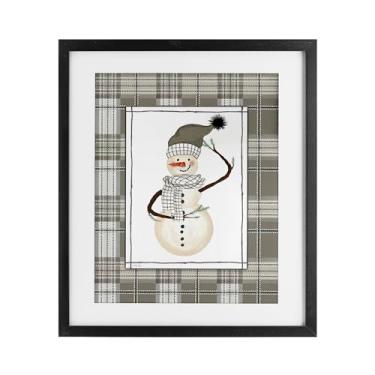 Imagem de Stupell Industries Boneco de neve de inverno verde xadrez preto impressão emoldurada sob vidro, design por Cindy Jacobs, 16 x 13