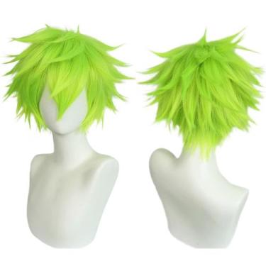 Imagem de Peruca ANOGOL curta verde limão para homens + boné de cabelo Anime Cos