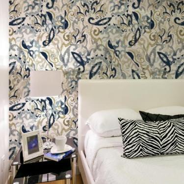 Imagem de ESSMOKO Papel de parede colorido planta flor hidrosol papel de parede sala de estar quarto escritório fundo decorativo adesivo de parede padrão azul e amarelo 45 * 600 cm