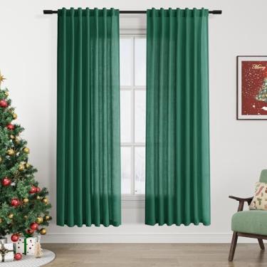 Imagem de Cortinas de linho verde esmeralda 182 cm de comprimento para sala de estar, cortinas de porta leves e transparentes, conjunto de 2 painéis para quarto de crianças, filtro de luz, aba traseira, cortina