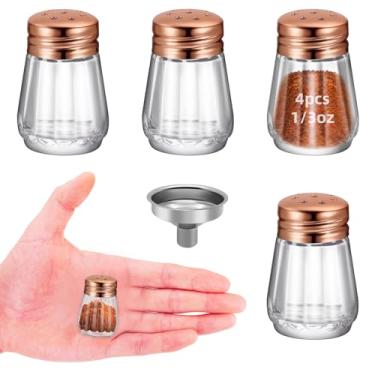 Imagem de 4 mini saleiros e pimenteiros de 8,5 g – Mini saleiro pequeno, saleiro transparente, recipientes pequenos de tempero de vidro, pequenos potes de tempero portáteis para cozinha, piquenique (4, ouro