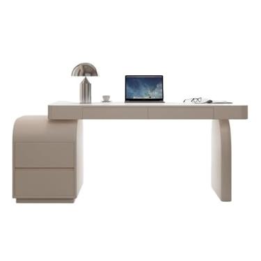 Imagem de ZzleoyuUUs-12 Mesa de mesa para laptop de madeira branca e cremosa, mesa de maquiagem moderna com 2 gavetas e mesa de escritório ajustável para escritório