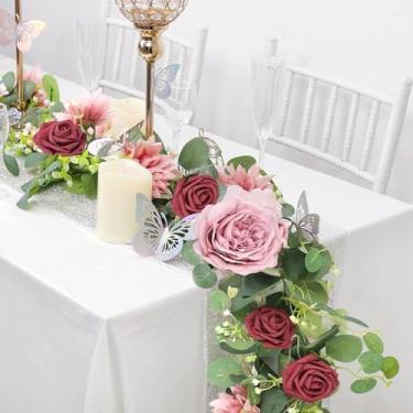 Imagem de Miewenmogu 2 peças de guirlanda de flores artificiais de 1,8 m com 6 borboletas decorativas de plástico, guirlanda de flores de rosa falsa, videiras florais para decoração de fundo de mesa de festa de
