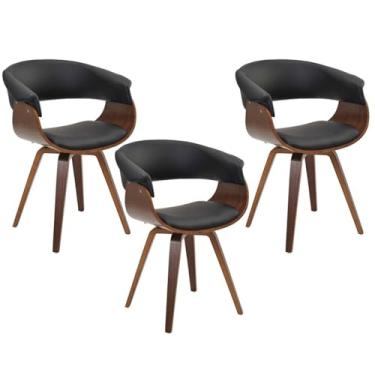 Imagem de Kit 03 Cadeiras Decorativas para Sala de Jantar Ohana Fixa PU Preto G56 - Gran Belo