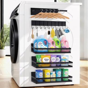 Imagem de OtterOasis Pacote com 5 prateleiras magnéticas para geladeira e máquina de lavar, organizador magnético de lavanderia, suporte magnético para temperos para geladeira com ganchos versáteis, suporte de