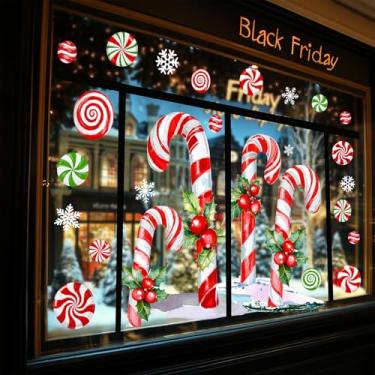 Imagem de Whaline Adesivos extra grandes para janela de Natal, vermelho, verde, bengala doce, azevinho, baga, adesivos de vidro dupla face, para decoração de festa de inverno, Natal, casa, sala de aula