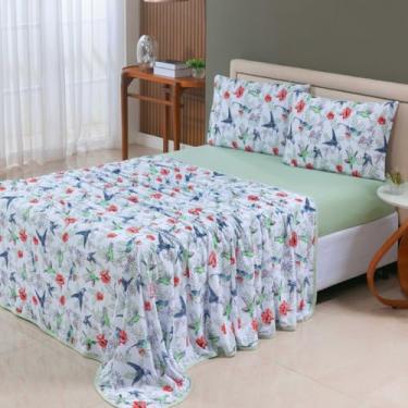 Imagem de Jogo de Cama 4 Peças 100% Algodão Lençol com Elástico e Lençol de Cima + Fronhas com Zíper – Anti Pilling – Acabamento em Viés - Solteiro, Casal, Queen e King. (Verde Claro, King)