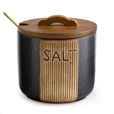 Imagem de YHOJOY Recipiente de sal para bancada, adega de sal de cerâmica com tampa e colher, tigela de sal de fazenda, 290 ml, preto