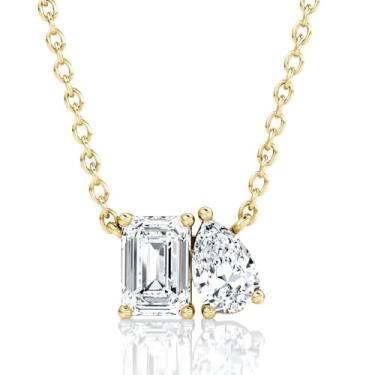 Imagem de Heracantha Colar de ouro Toi et Moi para mulheres, pingente de zircônia cúbica de corte esmeralda e corte de pêra, latão banhado a ouro 14 K, joia minimalista de duas pedras para presente