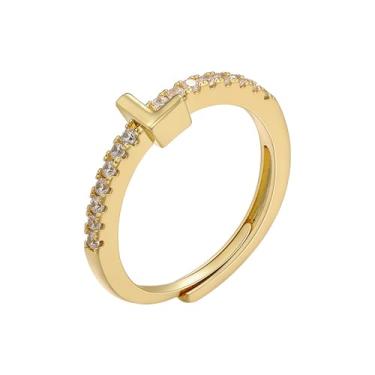 Imagem de LKingel Anéis de ouro para mulheres delicados ajustáveis anéis abertos empilháveis com letras maiúsculas anéis de zircônia brilhante joias presente de formatura, Metal, Sem pedra preciosa