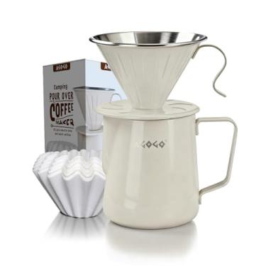 Imagem de AGOGO Conjunto de cafeteira para acampamento com filtro de papel de aço inoxidável (creme, 600 ml)