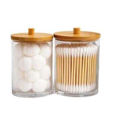 Imagem de Porta Algodão Cotonete 2 em 1 Suporte com Tampa De Bambu Acrílico Transparente – Organizador Higiênico de Utensílios Banheiro Maquiagem Bebê – Pote Caixa de Armazenamento
