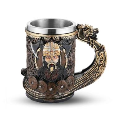 Imagem de AsAlways Caneca de cerveja viking de aço inoxidável grande caneca de cerveja medieval caneca de cerveja novidade acessório de halloween 600 ml