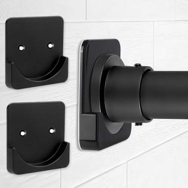 Imagem de Suportes de varão de cortina adesivos para hastes grandes ajustáveis – Pacote com 2 suportes de haste de chuveiro pretos sem broca para superfícies lisas de parede