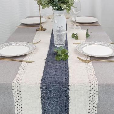 Imagem de Caminho de mesa moderno Boho com centro azul escuro – Decoração de borla de linho de algodão de 118 cm para sala de estar ou cozinha