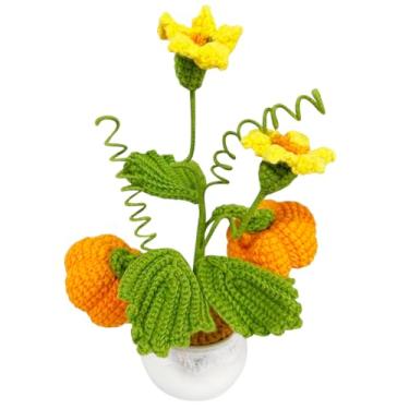 Imagem de Magicherry Plantas em vaso de abóbora de crochê, lindas flores de abóbora feitas à mão, pequenos vasos de vegetais artificiais para painel de carro, decoração de mesa de escritório em casa