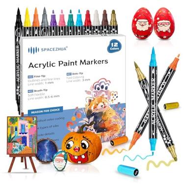 Imagem de Marcadores de canetas de tinta acrílica de 12 cores, com ponta fina, ponta de ponto e ponta de pincel para pintura rupestre, cerâmica, pedra, madeira, vidro, tela, tecido, plástico, ovo, scrapbook