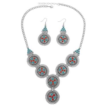 Imagem de Colar vintage oxidado, redondo, vazado, vermelho, azul, turquesa, pingente retrô, brincos pendentes, boêmio, conjunto de joias exóticas tradicionais para mulheres, étnico, boêmio, indiano, dança do